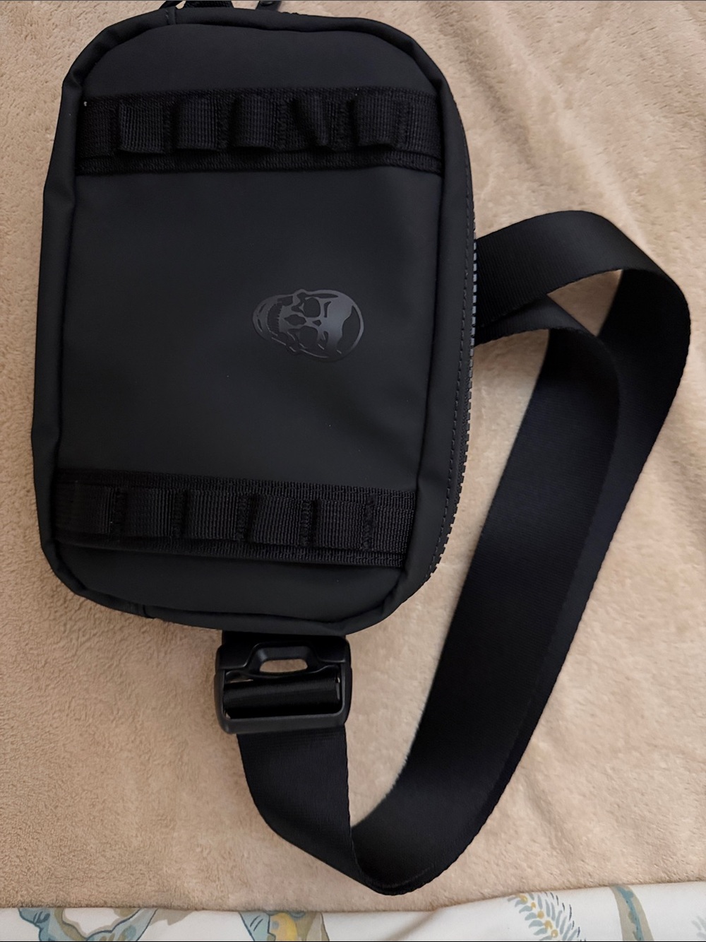 Men's Black Crossbody Sling Bag with Skull Detail